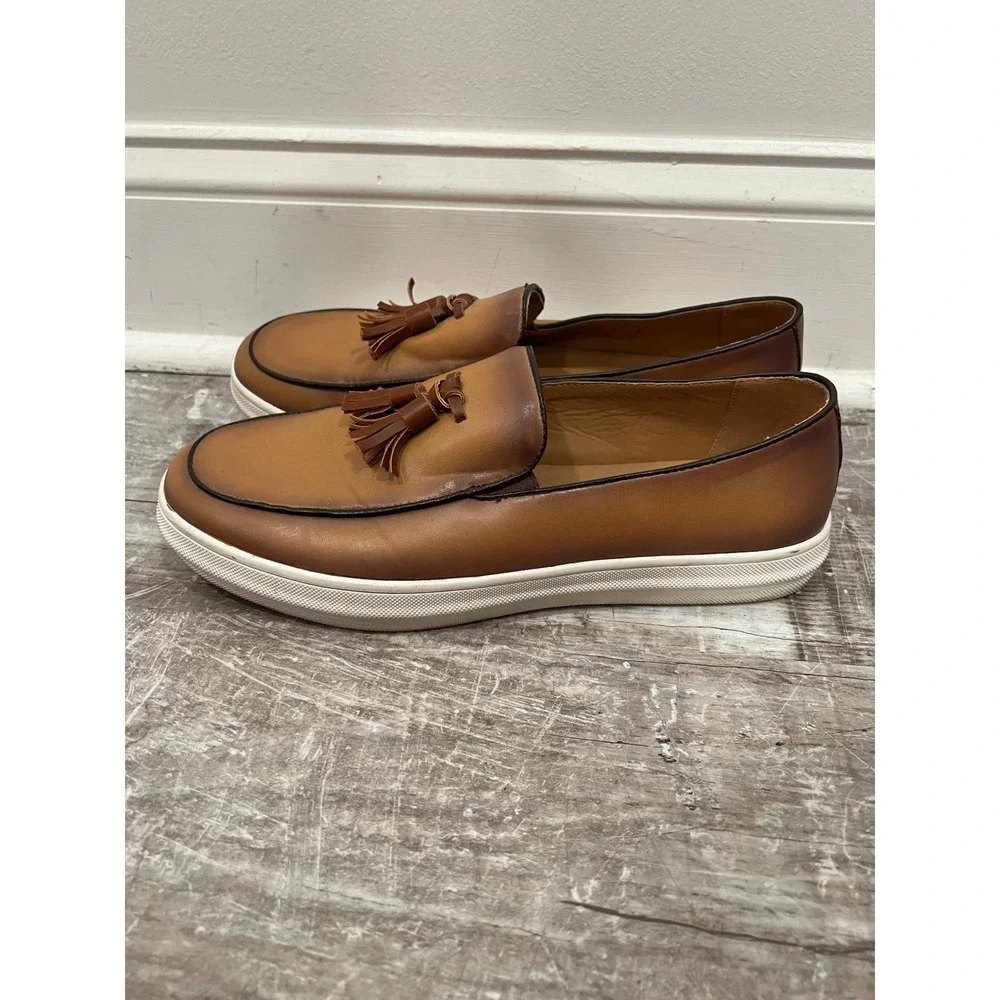 Tassel Loafers Mens Size 44 Brown Leather Slip On Burnished Sneaker Sole